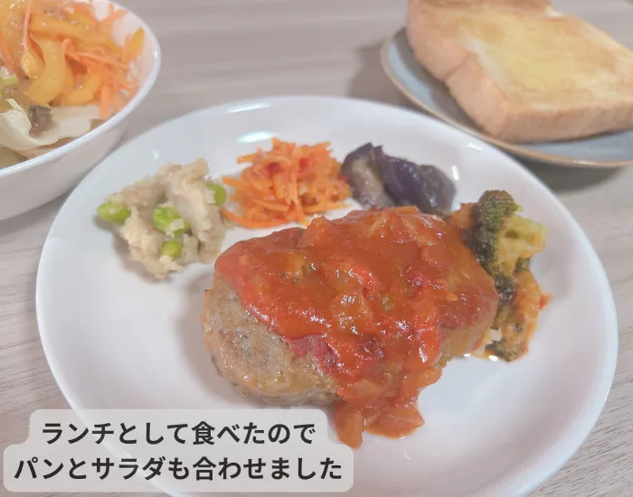 ナッシュのチリハンバーグステーキをお皿に盛った