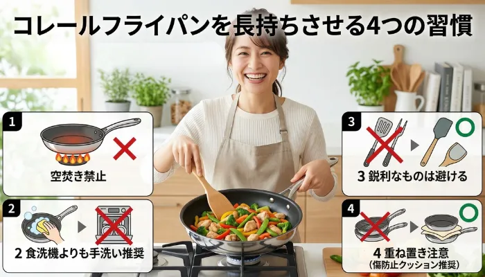 笑顔でコレールのフライパンを使う女性