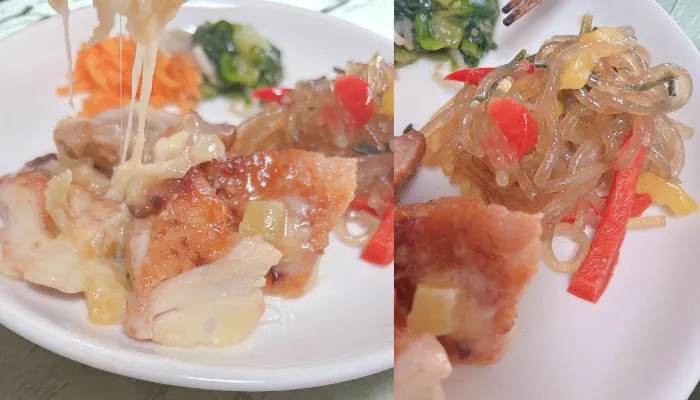 チーズダッカルビのチーズが伸びているところ