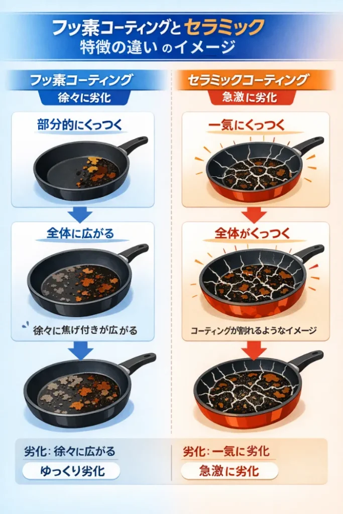 フッ素コーティングとセラミック 特徴の違いのイメージ画像