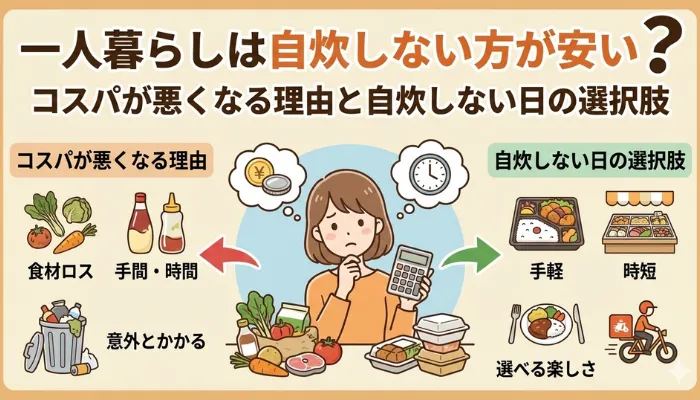 一人暮らしは自炊しない方が安い?コスパが悪くなる理由と自炊しない日の選択肢のサムネイル画像