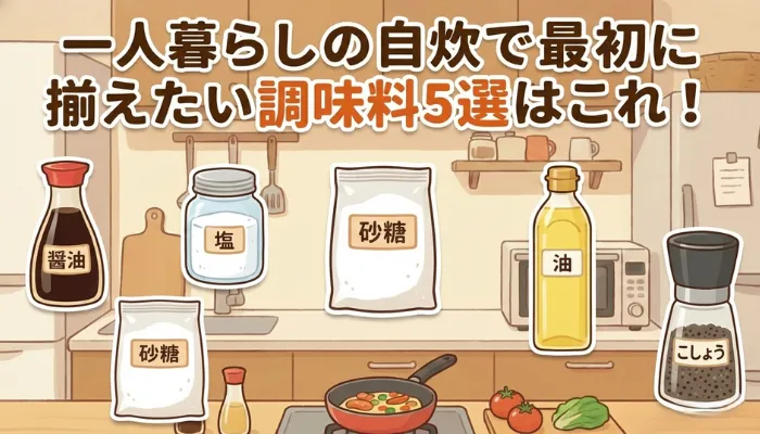 醤油・塩・砂糖・油・こしょうのイラスト