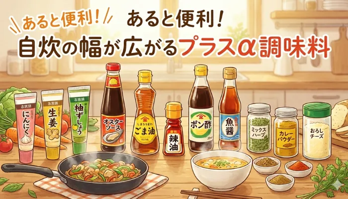 調味料のごま油・ポン酢・オイスターソース・ラー油などのイラスト