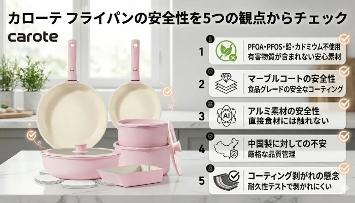 大理石のキッチンカウンターにピンクのカローテフライパンが置かれた画像