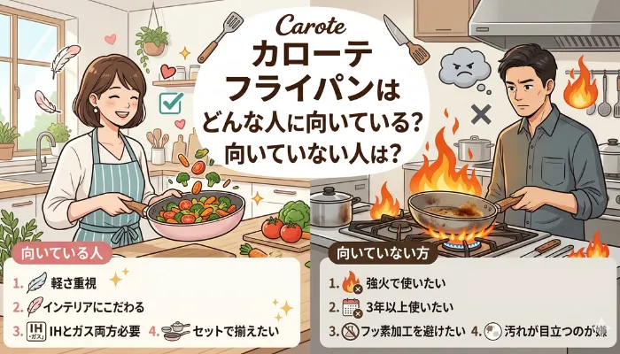 笑顔でカローテのフライパンを使う女性と、怪訝そうな表情で使う男性の画像