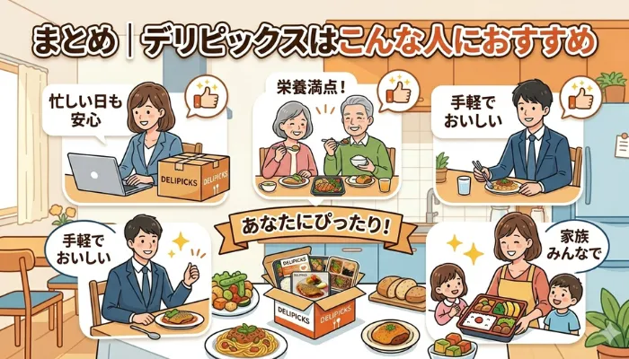 セリピックスはこんな人におすすめ
デリピックスのお弁当を食べる男女のイラスト