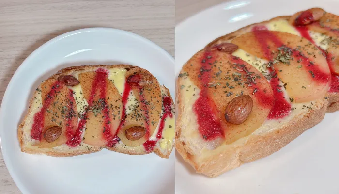 シナモン香るりんごとカスタードのフランボワーズソースを焼いたもの