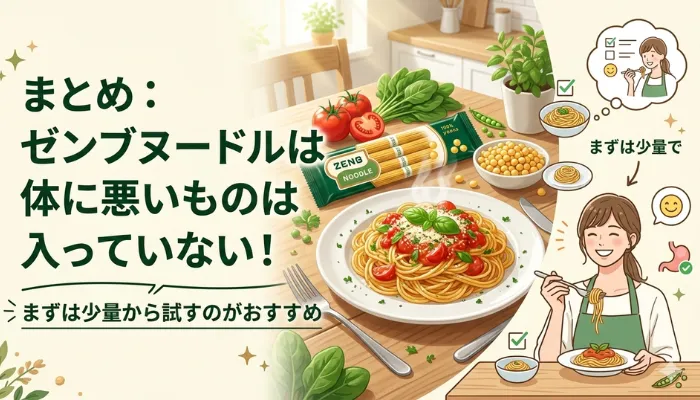 ゼンブヌードルのイメージ画像とゼンブヌードルを食べる女性のイラスト