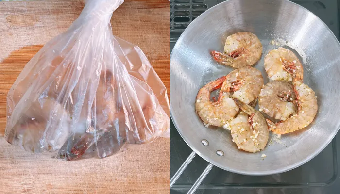 オリーブオイルに浸かったエビと、フライパンで焼かれるエビ