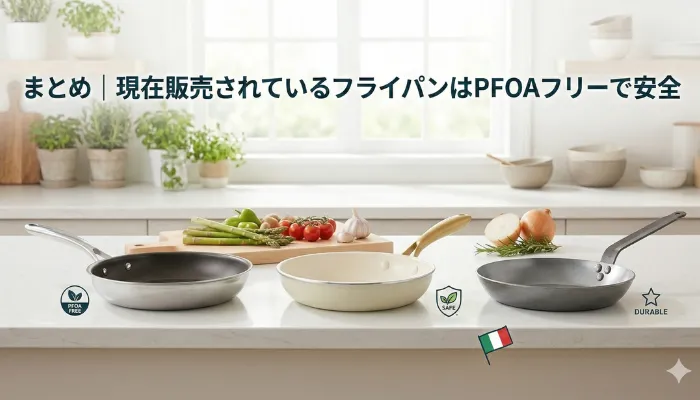 フッ素樹脂加工のフライパン、セラミック加工のフライパン、鉄フライパンが並んだ画像