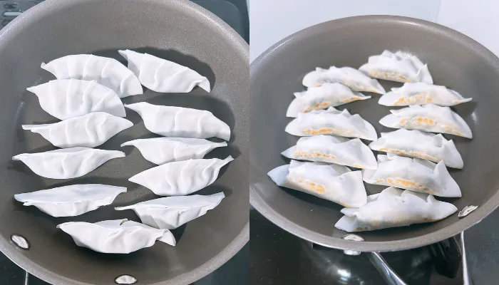 コレールフライパンで餃子を焼いている