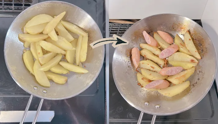 ステンレスフライパンにくしきりのジャガイモとウインナーが入った画像