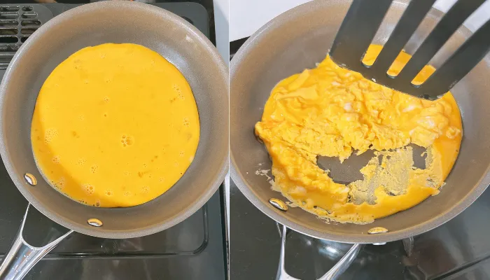 卵焼きが一部くっついたフライパン