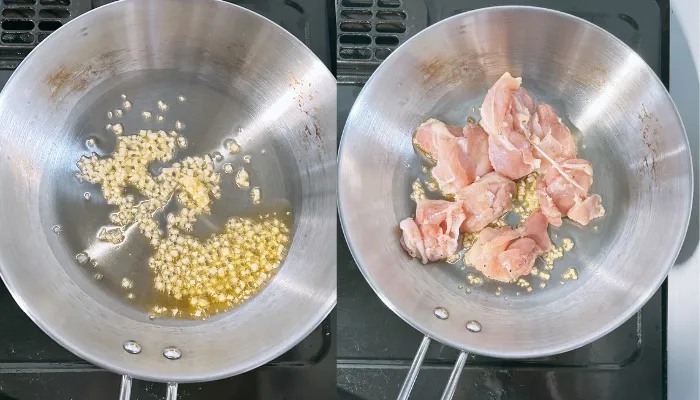 ステンラスフライパンで鶏もも肉を焼いている様子