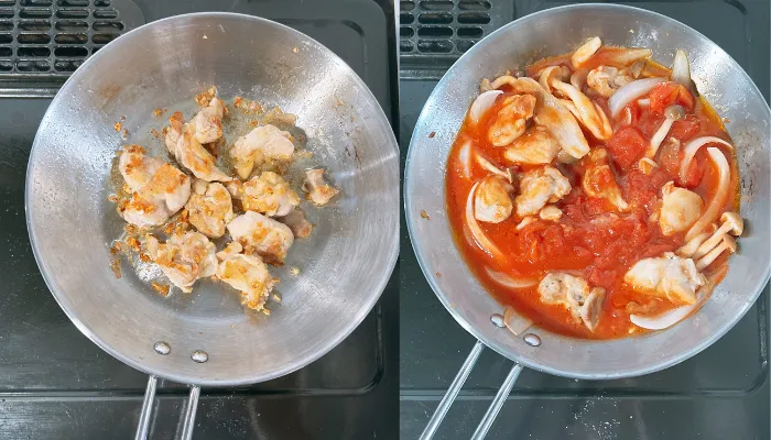 焦げ目がついた鶏もも肉と、ホールトマトが入った画像