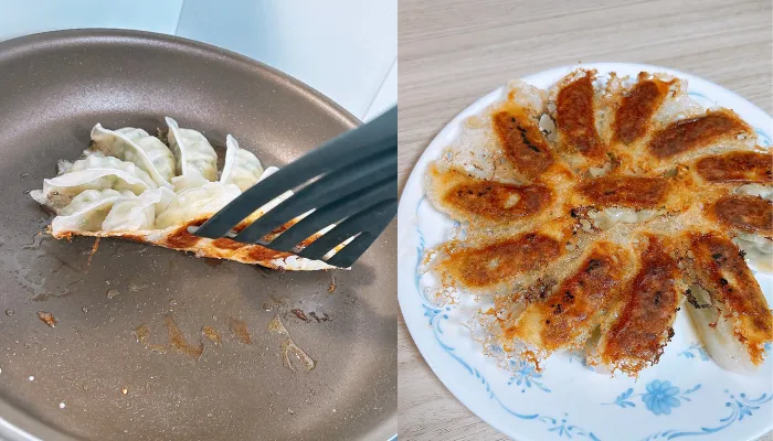PENTAフライパンで焼いた餃子をひっくり返す様子