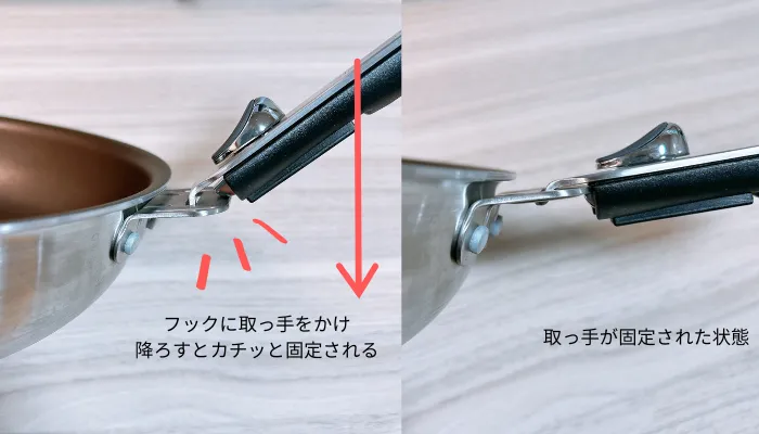 PENTAフライパンの取っ手を固定した様子