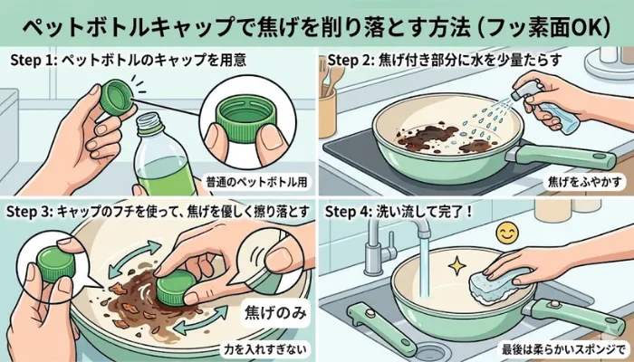 ペットボトルキャップで焦げを削り落とす方法