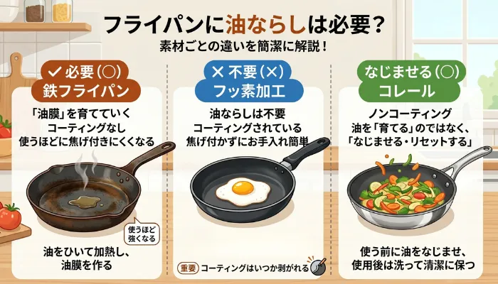 フライパンごとの油ならしの必要性