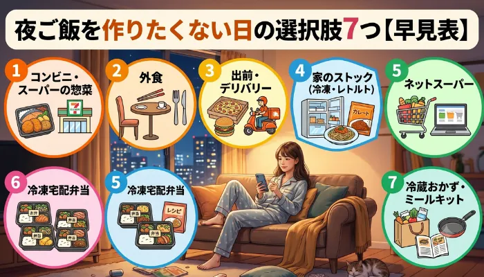 夜ご飯を作りたくない日の選択肢7つ【早見表】