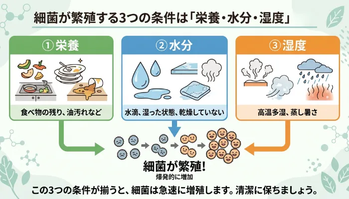 細菌が繁殖する3つの条件は「栄養・水分・湿度」