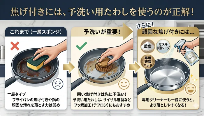 焦げ付きには予洗い用たわしを使うのが正解