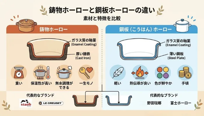 鋳物ホーローと鋼板ホーロの違いの図解